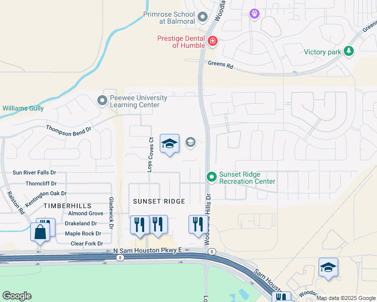 map of restaurants, bars, coffee shops, grocery stores, and more near 15201 Woodland Hills Drive in Humble