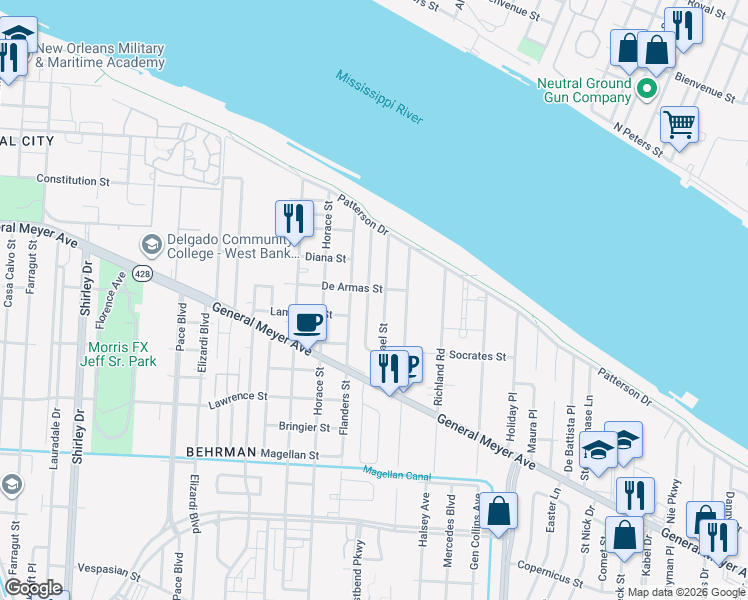 map of restaurants, bars, coffee shops, grocery stores, and more near 1241 Terry Street in New Orleans