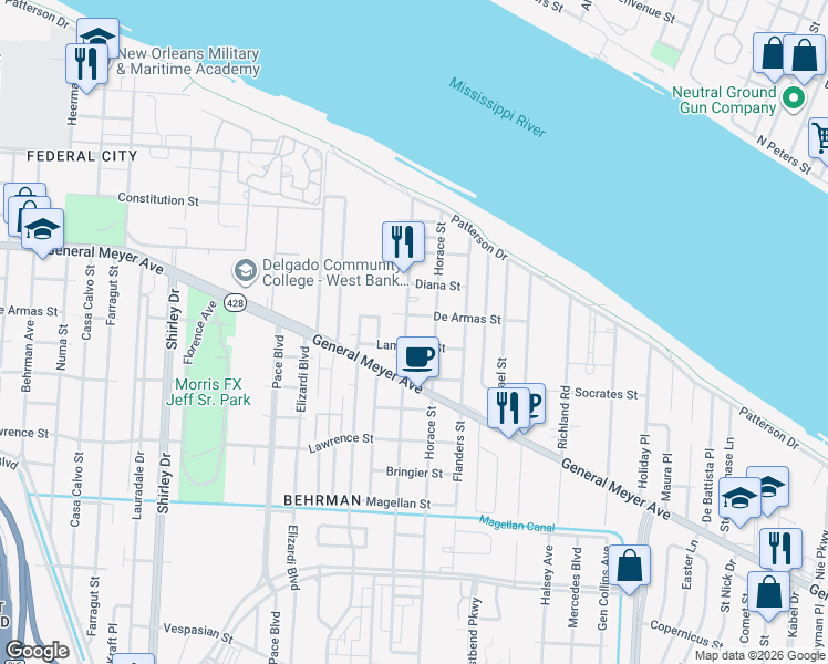 map of restaurants, bars, coffee shops, grocery stores, and more near 1300 Odeon Avenue in New Orleans