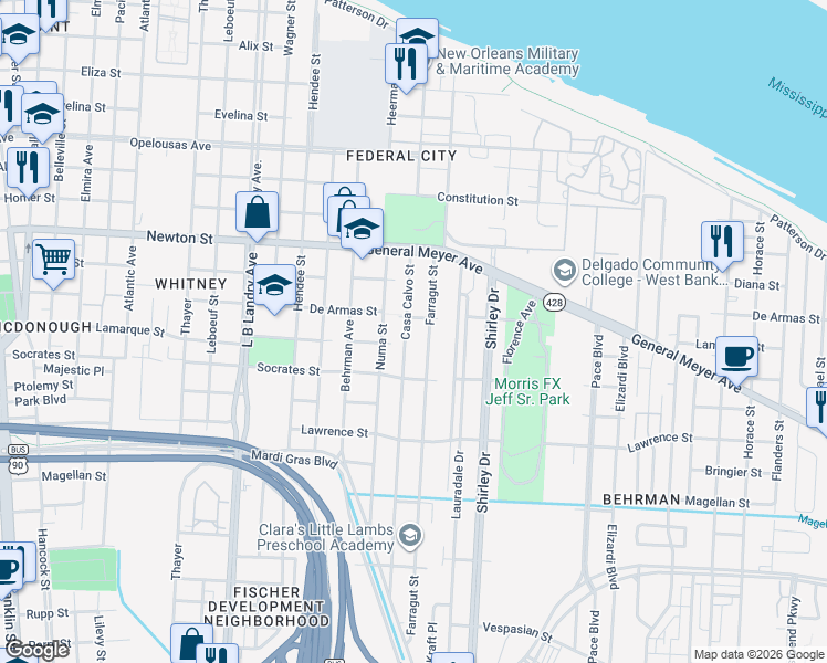 map of restaurants, bars, coffee shops, grocery stores, and more near 1244 Casa Calvo Street in New Orleans