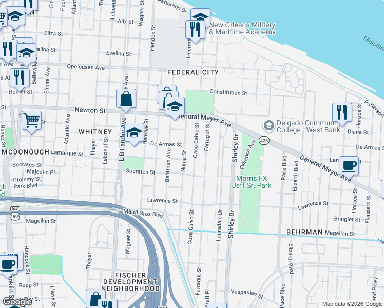 map of restaurants, bars, coffee shops, grocery stores, and more near 1244 Casa Calvo Street in New Orleans