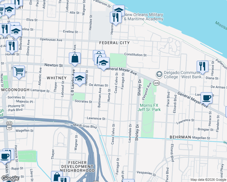map of restaurants, bars, coffee shops, grocery stores, and more near 1244 Casa Calvo Street in New Orleans