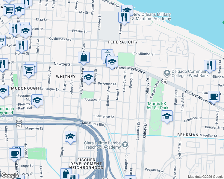 map of restaurants, bars, coffee shops, grocery stores, and more near 1307 Numa Street in New Orleans