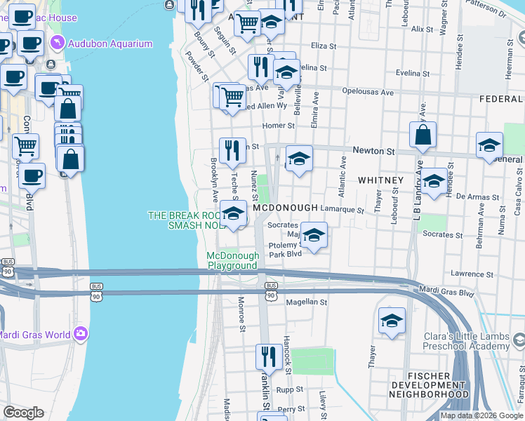 map of restaurants, bars, coffee shops, grocery stores, and more near 1335 Nunez Street in New Orleans