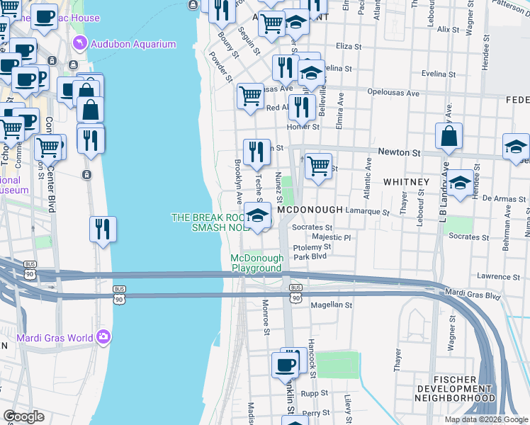 map of restaurants, bars, coffee shops, grocery stores, and more near 1335 Nunez Street in New Orleans