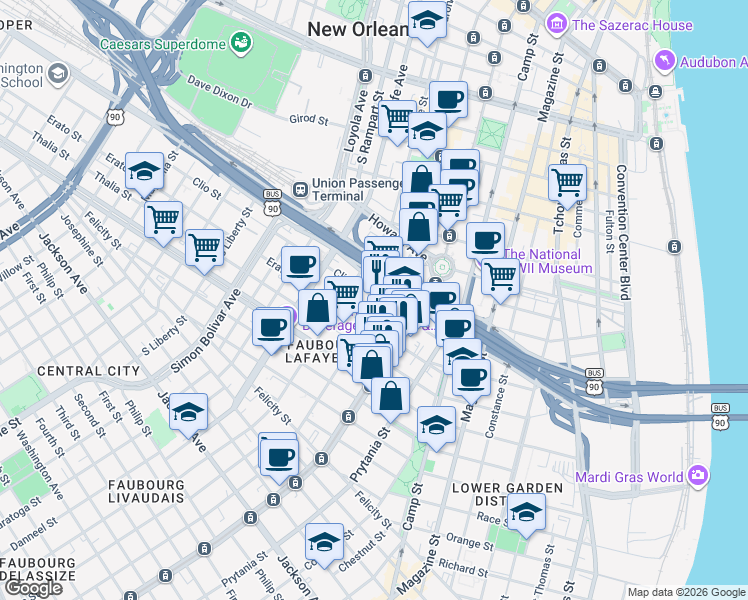 map of restaurants, bars, coffee shops, grocery stores, and more near 1220 Carondelet Street in New Orleans