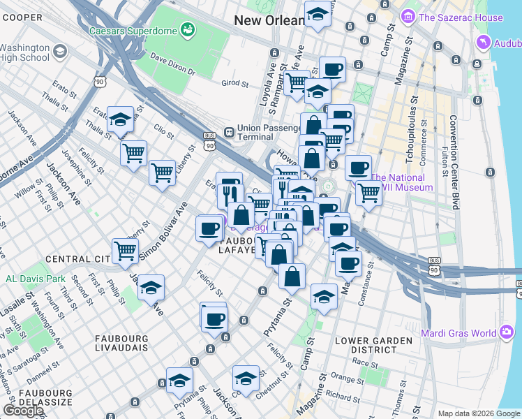 map of restaurants, bars, coffee shops, grocery stores, and more near 1730 Erato Street in New Orleans