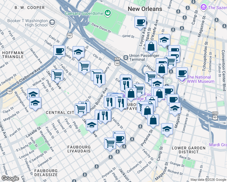 map of restaurants, bars, coffee shops, grocery stores, and more near in New Orleans