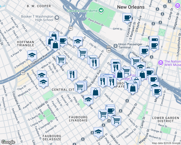 map of restaurants, bars, coffee shops, grocery stores, and more near 1629 Simon Bolivar Avenue in New Orleans