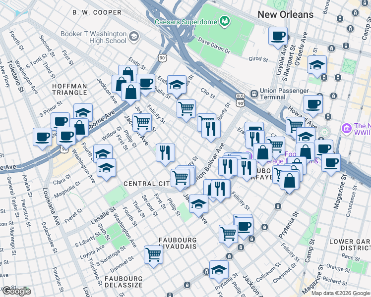 map of restaurants, bars, coffee shops, grocery stores, and more near 1813 South Liberty Street in New Orleans