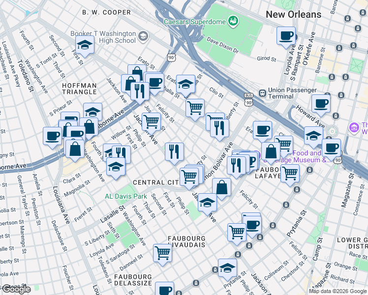 map of restaurants, bars, coffee shops, grocery stores, and more near 2408 Josephine Street in New Orleans