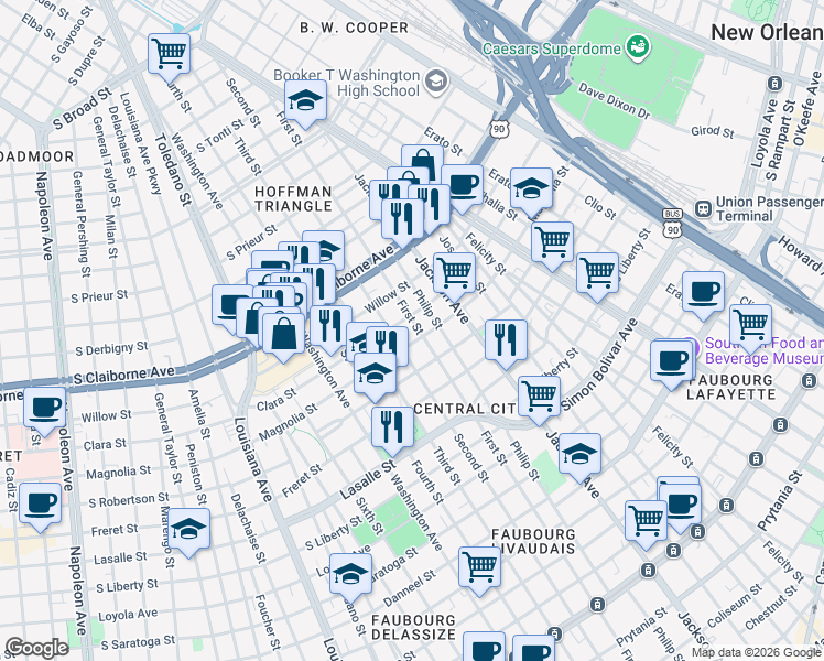 map of restaurants, bars, coffee shops, grocery stores, and more near 2424 Magnolia Street in New Orleans