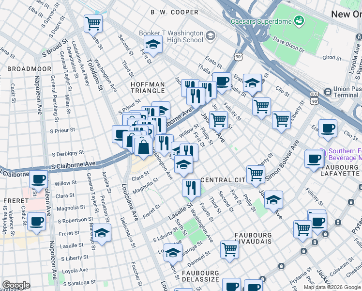 map of restaurants, bars, coffee shops, grocery stores, and more near 2600 Clara Street in New Orleans
