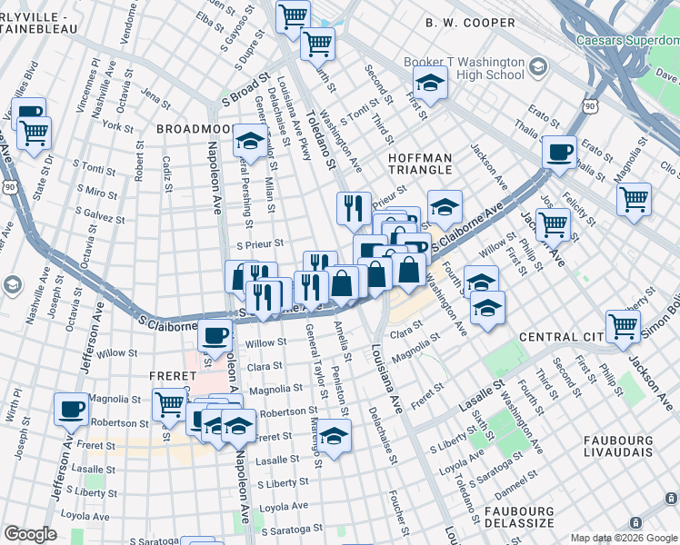 map of restaurants, bars, coffee shops, grocery stores, and more near 3022 Delachaise Street in New Orleans