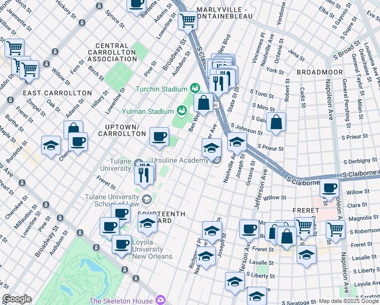 map of restaurants, bars, coffee shops, grocery stores, and more near 2604 Palmer Avenue in New Orleans