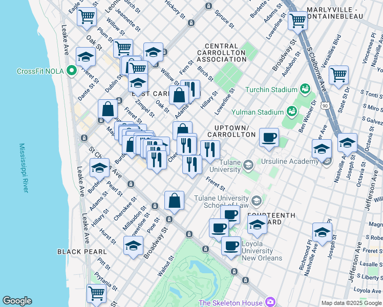 map of restaurants, bars, coffee shops, grocery stores, and more near 7226 Zimple Street in New Orleans