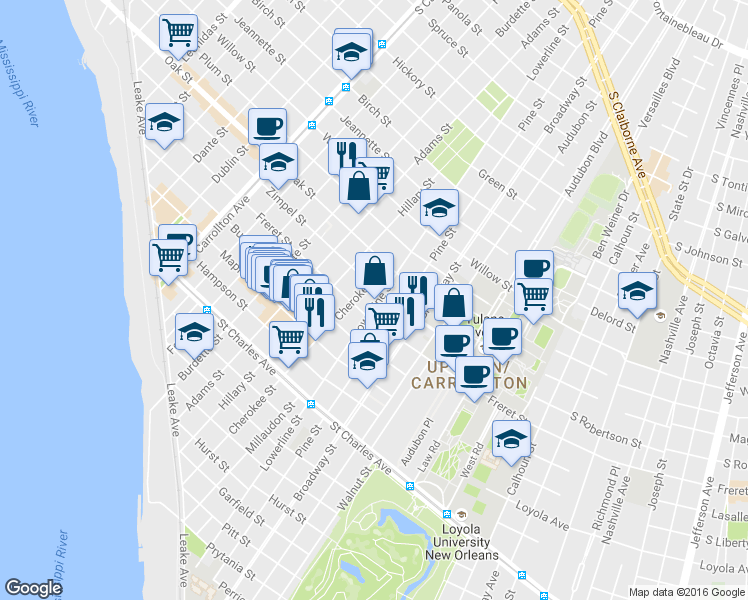 map of restaurants, bars, coffee shops, grocery stores, and more near in New Orleans