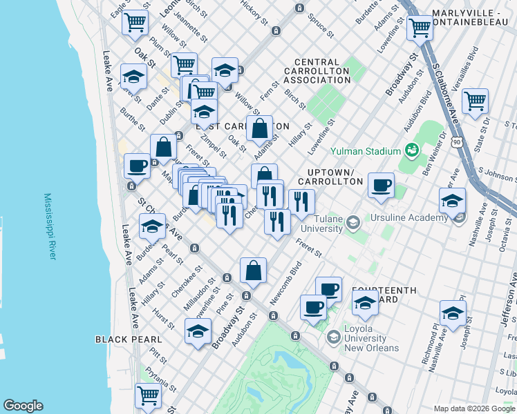 map of restaurants, bars, coffee shops, grocery stores, and more near in New Orleans