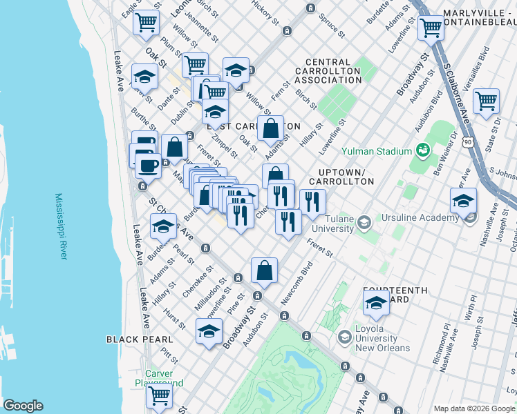 map of restaurants, bars, coffee shops, grocery stores, and more near 7500 Burthe Street in New Orleans