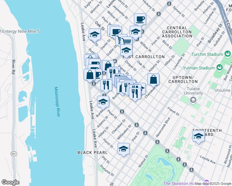 map of restaurants, bars, coffee shops, grocery stores, and more near 7719 Hampson Street in New Orleans