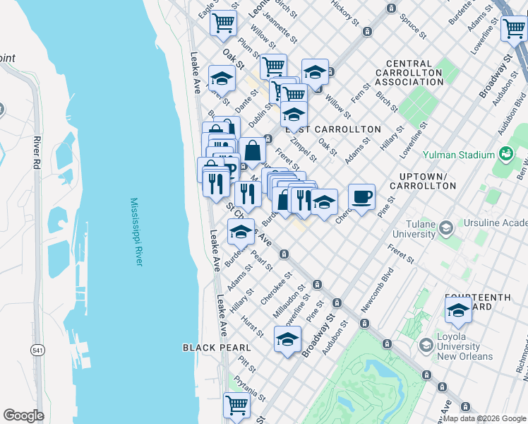 map of restaurants, bars, coffee shops, grocery stores, and more near 7811 Saint Charles Avenue in New Orleans