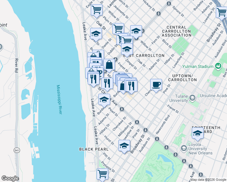 map of restaurants, bars, coffee shops, grocery stores, and more near 7811 Saint Charles Avenue in New Orleans