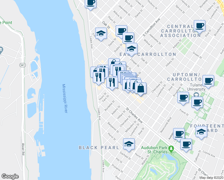 map of restaurants, bars, coffee shops, grocery stores, and more near 7811 Saint Charles Avenue in New Orleans