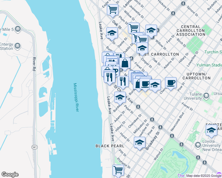 map of restaurants, bars, coffee shops, grocery stores, and more near 501 Huso Street in New Orleans