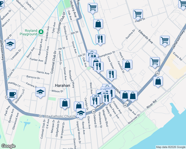 map of restaurants, bars, coffee shops, grocery stores, and more near 431 West Avenue in Harahan