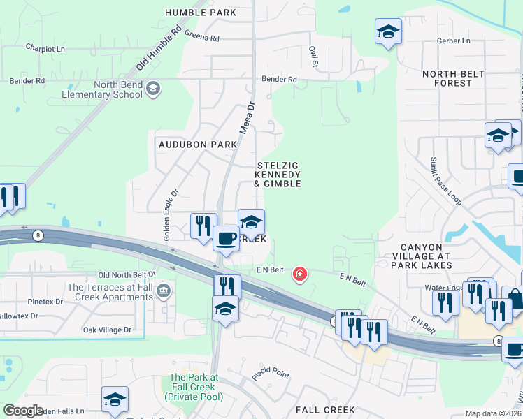 map of restaurants, bars, coffee shops, grocery stores, and more near 8114 Audubon Forest Drive in Humble