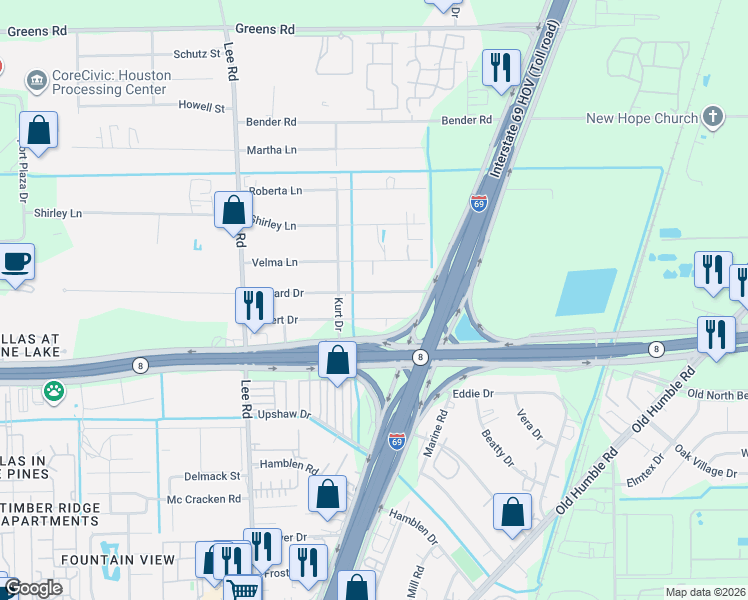 map of restaurants, bars, coffee shops, grocery stores, and more near 6121 Albert Drive in Humble