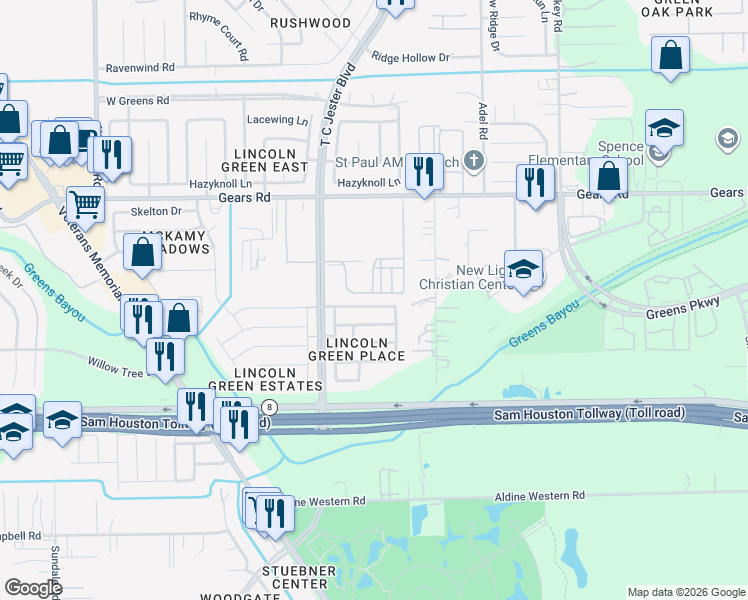map of restaurants, bars, coffee shops, grocery stores, and more near 1818 Live Oak Hill Street in Houston
