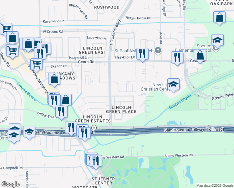 map of restaurants, bars, coffee shops, grocery stores, and more near 1919 Tomlinson Trail Drive in Houston