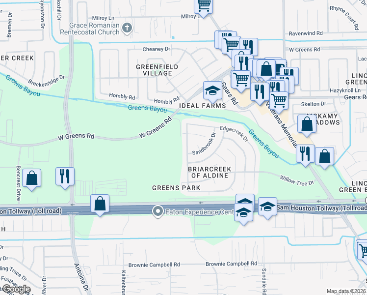 map of restaurants, bars, coffee shops, grocery stores, and more near 14143 Timberhaven Drive in Houston