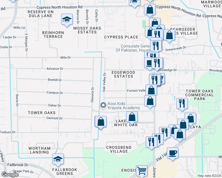 map of restaurants, bars, coffee shops, grocery stores, and more near 11230 Tall Timbers Drive in Houston