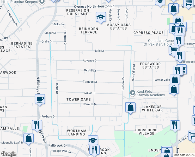 map of restaurants, bars, coffee shops, grocery stores, and more near 11719 Campos Drive in Houston