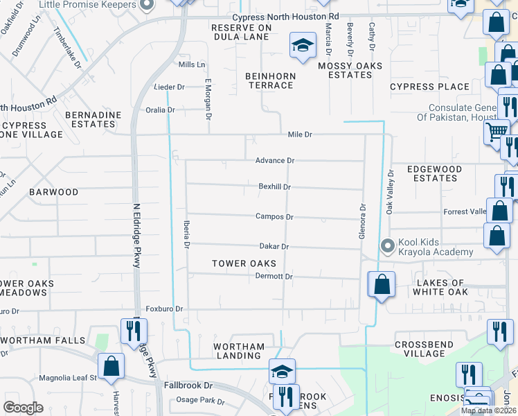 map of restaurants, bars, coffee shops, grocery stores, and more near 11807 Campos Drive in Houston