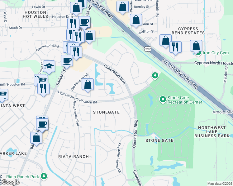 map of restaurants, bars, coffee shops, grocery stores, and more near 16619 Shorecrest Drive in Houston