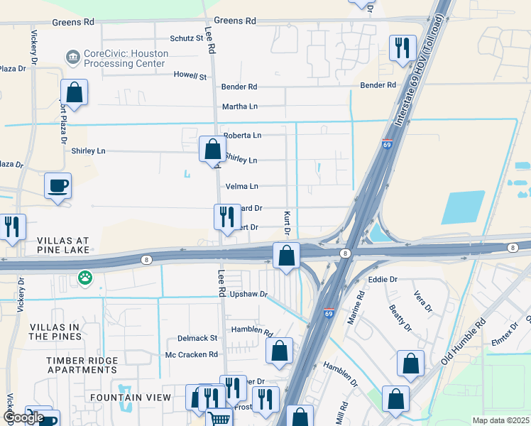 map of restaurants, bars, coffee shops, grocery stores, and more near 5914 Edward Drive in Humble