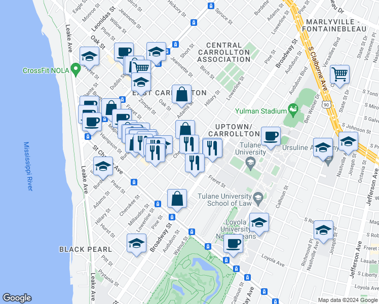 map of restaurants, bars, coffee shops, grocery stores, and more near 1026 Lowerline Street in New Orleans