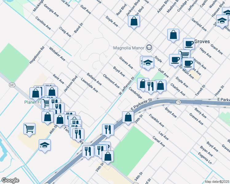 map of restaurants, bars, coffee shops, grocery stores, and more near 4432 Lawndale Avenue in Groves