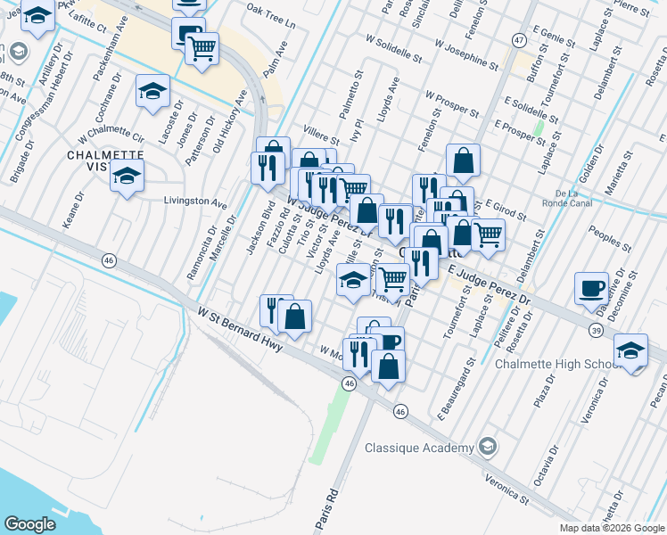 map of restaurants, bars, coffee shops, grocery stores, and more near 2320 Stander Place in Chalmette