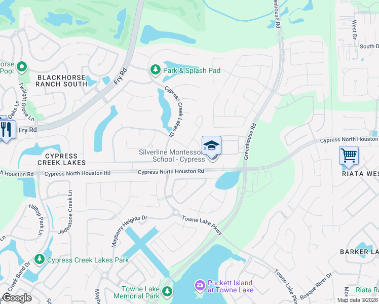 map of restaurants, bars, coffee shops, grocery stores, and more near 11306 Dawnheath Drive in Cypress