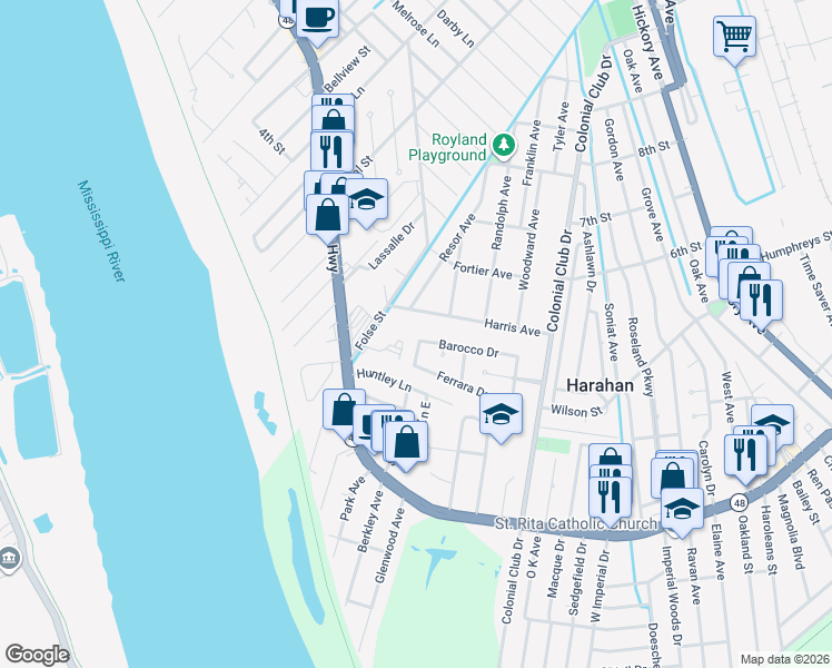 map of restaurants, bars, coffee shops, grocery stores, and more near 413 Bowler Drive in Harahan