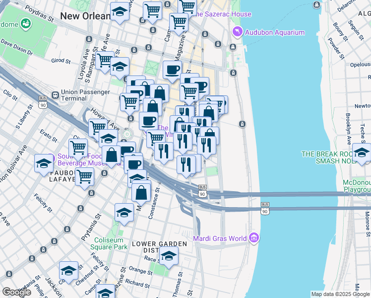 map of restaurants, bars, coffee shops, grocery stores, and more near 1014 Annunciation Street in New Orleans