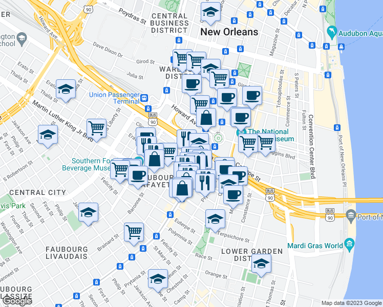 map of restaurants, bars, coffee shops, grocery stores, and more near 1220 Carondelet Street in New Orleans