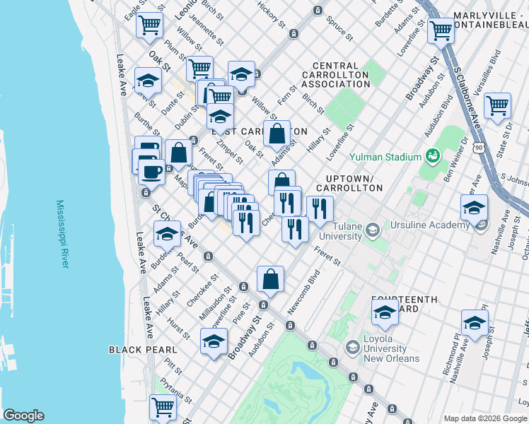 map of restaurants, bars, coffee shops, grocery stores, and more near 7500 Burthe Street in New Orleans