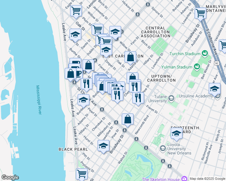 map of restaurants, bars, coffee shops, grocery stores, and more near 7611 Maple Street in New Orleans