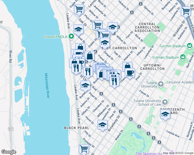 map of restaurants, bars, coffee shops, grocery stores, and more near 7719 Hampson Street in New Orleans