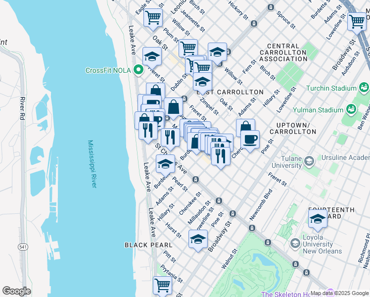 map of restaurants, bars, coffee shops, grocery stores, and more near 7719 Hampson Street in New Orleans